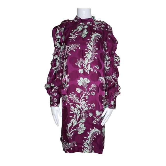 J. Crew Collection Silk Ruffle Sleeve High-Neck Dress Purple Floral Size 4 NWT - Picture 4 of 16